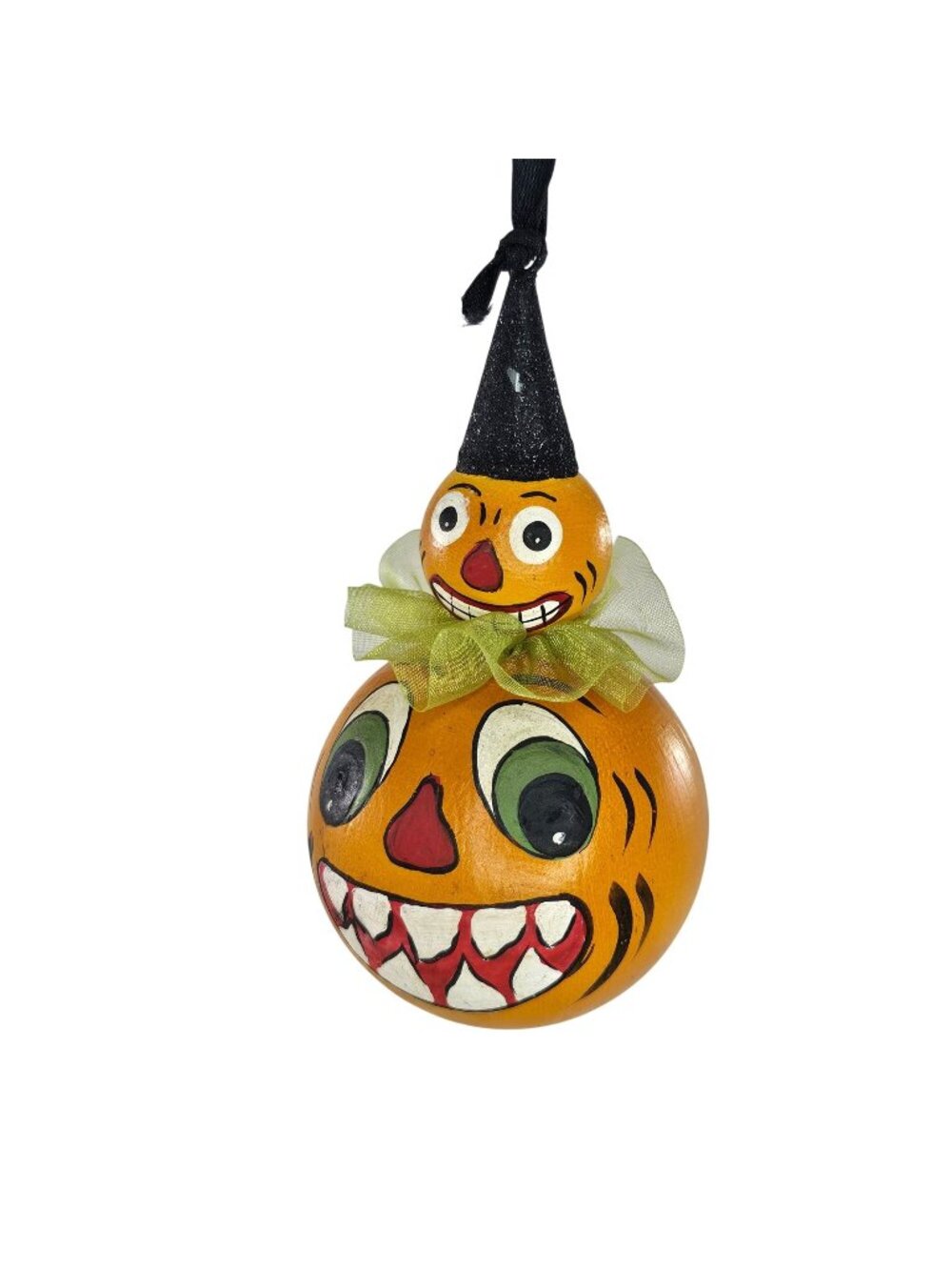 Bethany Lowe Halloween Pumpkin Ornament Hand-Painted Retro Design Glitter Hat